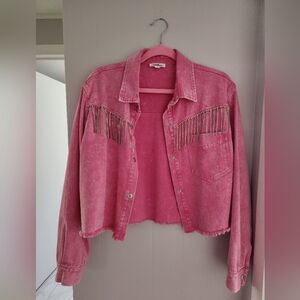 NWOT Pink Rhinestone Jean Jacket L
